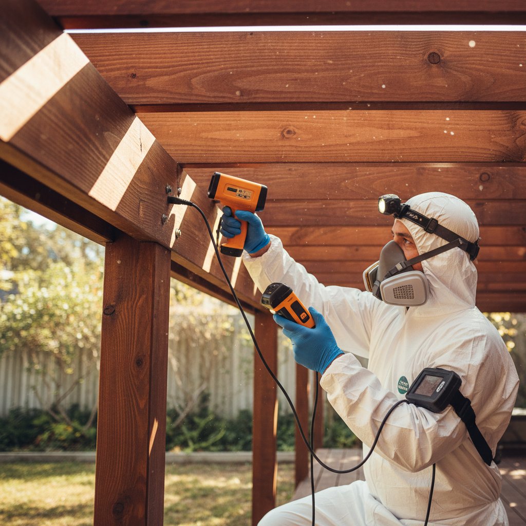 Termite protection installation on timber decking and wooden roof trusses in Singapore property